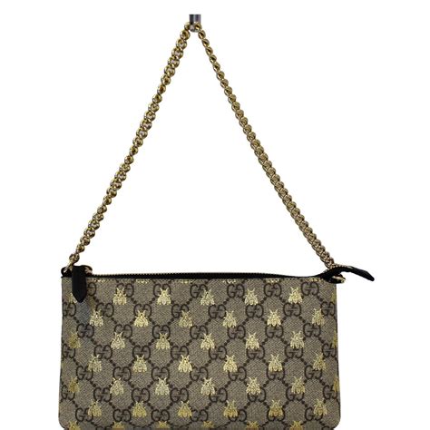 GUCCI Linea Bee GG Supreme Wristlet Handbag Beige/Gold